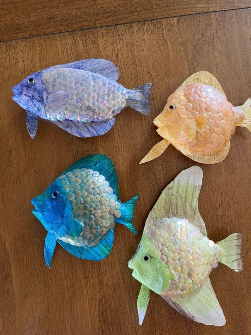 Set of 4 Vintage Paper Mache Fish with Sequins for Ornaments or Wall Art